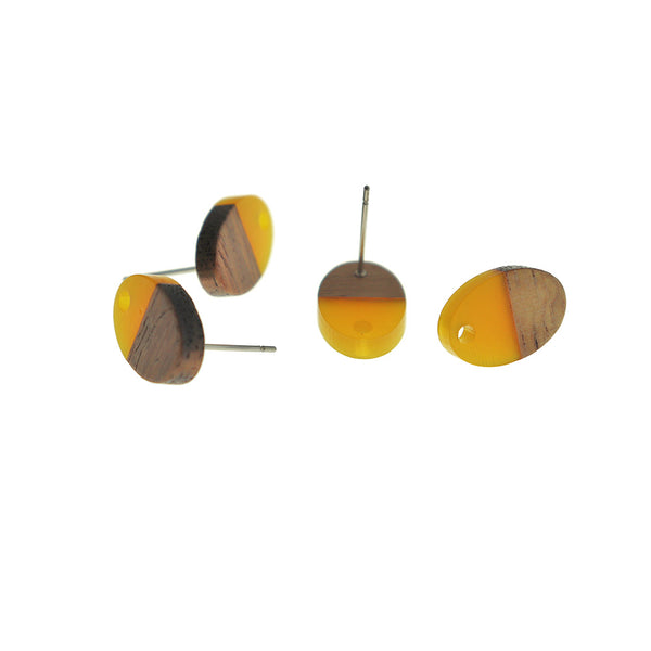 Wood Stainless Steel Earrings - Yellow Resin Oval Studs - 15.5mm x 10mm - 2 Pieces 1 Pair - ER690