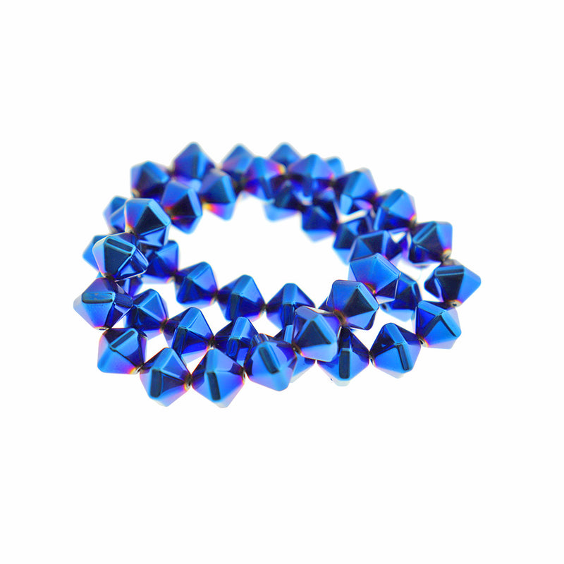 Faceted Bicone Synthetic Hematite Beads 10mm x 8mm - Electroplated Blue - 1 Strand 49 Beads - BD220