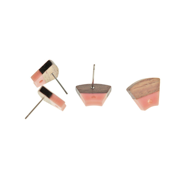 Wood Stainless Steel Earrings - Light Pink Resin Trapezoid Studs - 15mm x 12.5mm - 2 Pieces 1 Pair - ER749