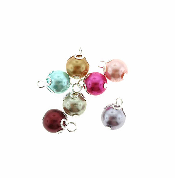 SALE 12 Drop Beads Silver Tone Cap - Assorted Pearl Finish Glass Beads 10mm - LBD403