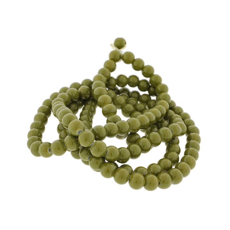 Round Glass Beads 6mm - Olive Green - 1 Strand 133 Beads - BD2766
