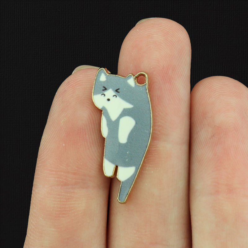 2 Grey and White Cat Gold Tone Enamel Charms - E238