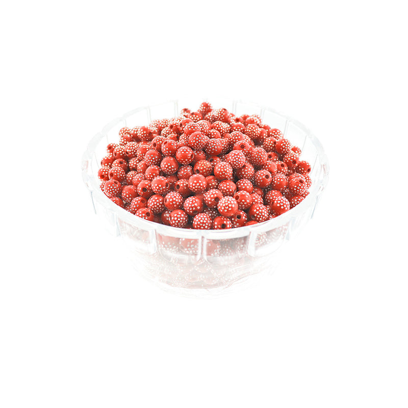 SALE Round Resin Beads 8mm - Red with Silver Dots - 50 Beads - LBD2170