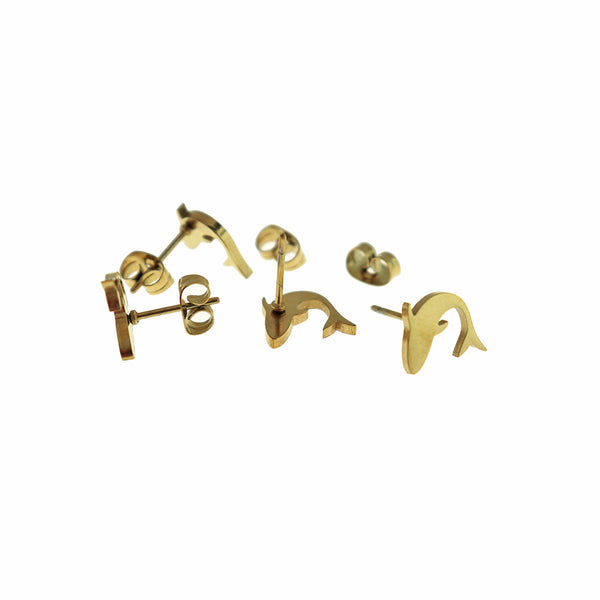Gold Tone Stainless Steel Earrings - Shark Studs - 8mm x 8mm - 2 Pieces 1 Pair - ER908
