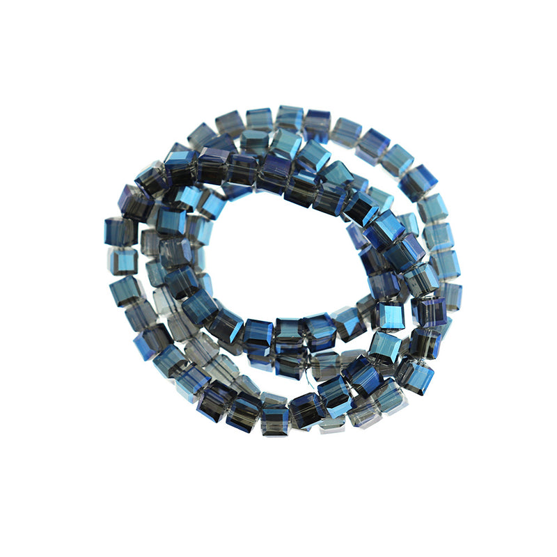 Faceted Cube Glass Beads 7mm x 7mm - Electroplated Blue - 1 Strand 100 Beads - BD632