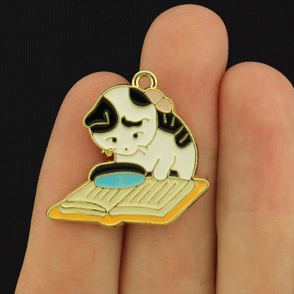 2 Reading Cat Gold Tone Enamel Charms - E543