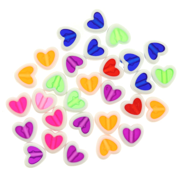 Heart Transparent Acrylic Beads 7.5mm x 8.5mm - Multicolor with White Edges - 100 Beads - BD026