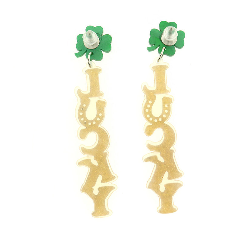 Acrylic St. Patricks Day Lucky Earrings - Silver Tone Stud Style - 2 Pieces 1 Pair - ER269
