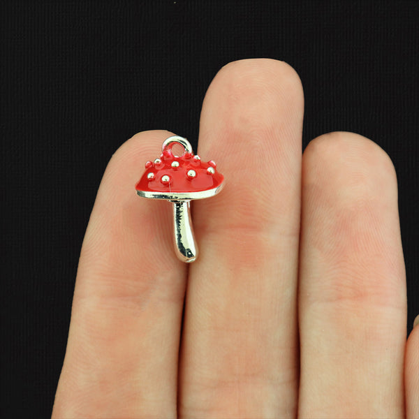 2 Red Mushroom Silver Tone Enamel Charms 3D - E1585