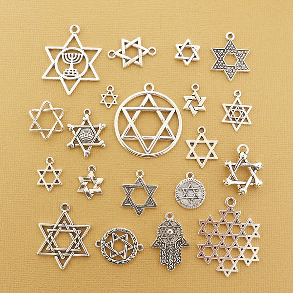 Star of David Charm Collection Antique Silver Tone 20 Different Charms - COL392H