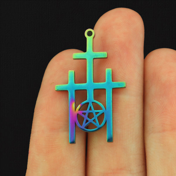 Triple Cross with Pentagram Rainbow Electroplated Stainless Steel Charm - SSP053