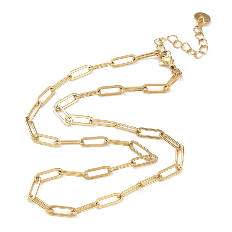 18k Stainless Steel Paperclip Necklace - 15" + 2" Extender - GLD988