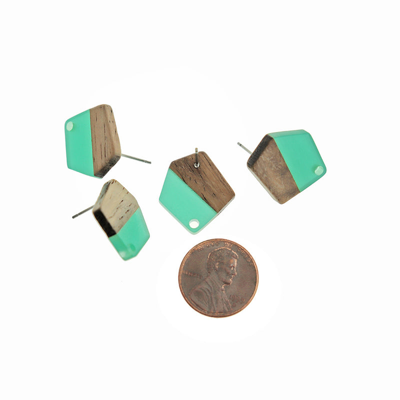 Wood Stainless Steel Earrings - Sea Green Resin Polygon Studs - 20.5mm x 18.5mm - 2 Pieces 1 Pair - ER724