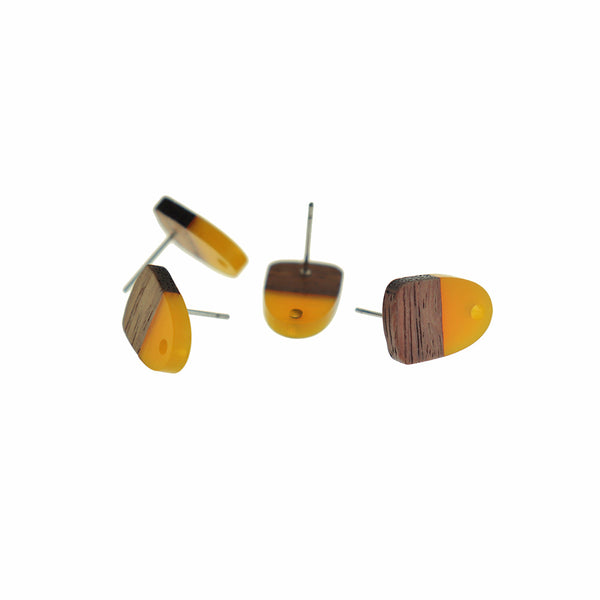 Wood Stainless Steel Earrings - Yellow Resin Half Oval Studs - 15mm x 11mm - 2 Pieces 1 Pair - ER646