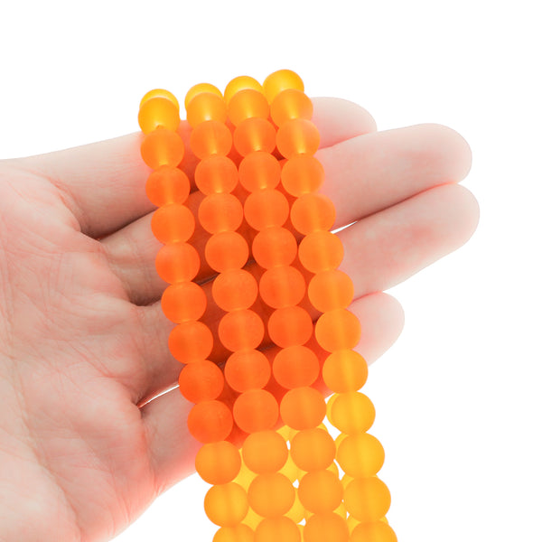 Round Glass Beads 8mm - Frosted Bright Orange - 1 Strand 99 Beads - BD947