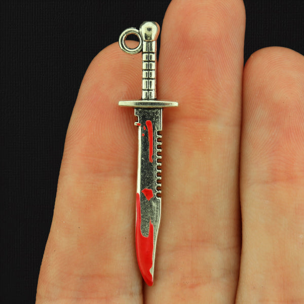 2 Bloody Knife Silver Tone Enamel Charms 2 Sided - E160