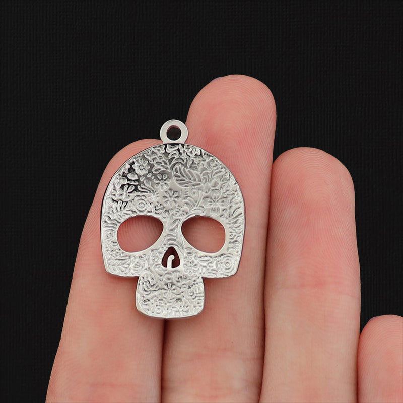 Floral Pattern Skull Silver Tone Stainless Steel Charm - SSP048