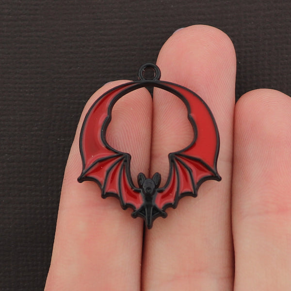 4 Red Winged Bat Black Tone Enamel Charms - E046