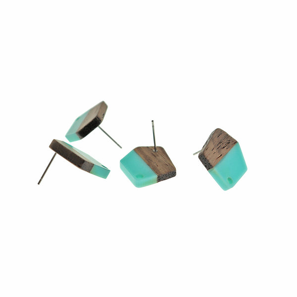 Wood Stainless Steel Earrings - Turquoise Resin Polygon Studs - 20.5mm x 18.5mm - 2 Pieces 1 Pair - ER716