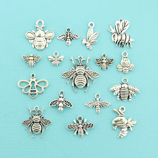 Bee Charm Collection Antique Silver Tone 16 Different Charms - COL398H