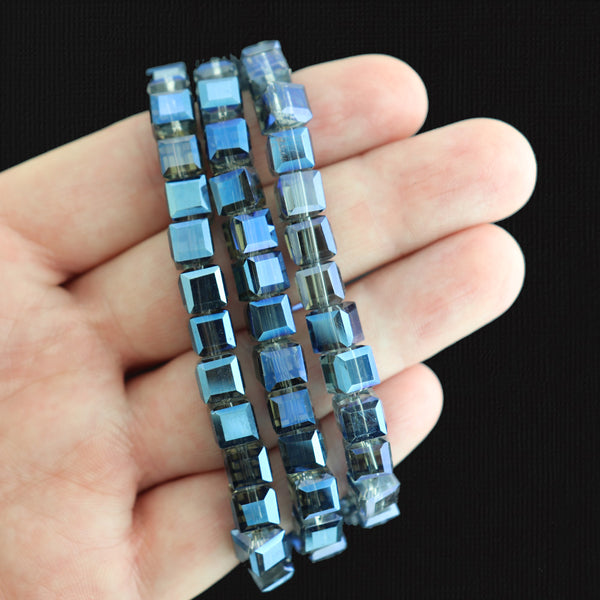 Faceted Cube Glass Beads 7mm x 7mm - Electroplated Blue - 1 Strand 100 Beads - BD632