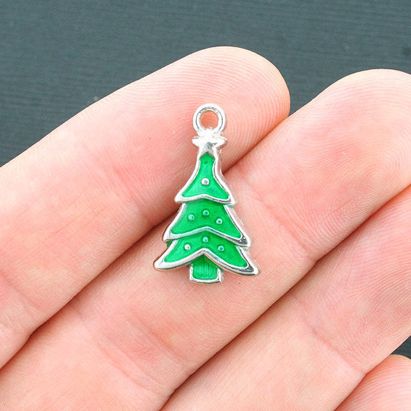 4 Christmas Tree Silver Tone Enamel Charms - E172