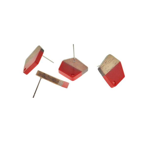 Wood Stainless Steel Earrings - Red Resin Polygon Studs - 20.5mm x 18.5mm - 2 Pieces 1 Pair - ER711
