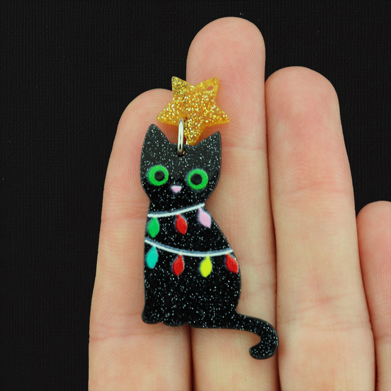 2 Christmas Light Black Cat with Star Acrylic Charms - K282