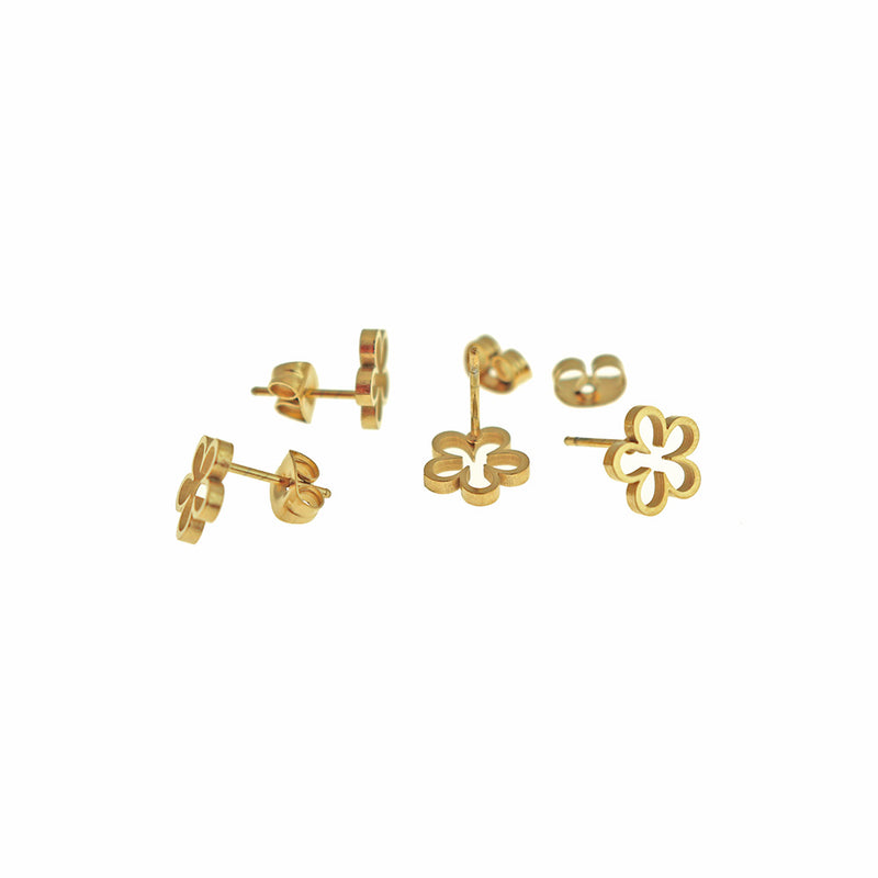 Gold Tone Stainless Steel Earrings - Flower Studs - 8mm - 1 Pair - Choose Your Tone!