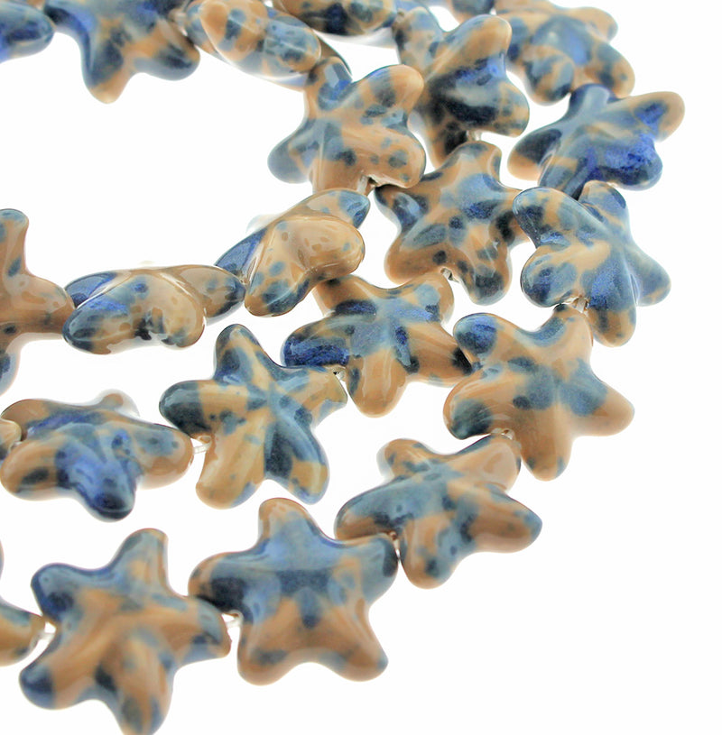 SALE Starfish Ceramic Beads 20mm x 22mm - Marbled Tan and Blue - 10 Beads - LBD1583