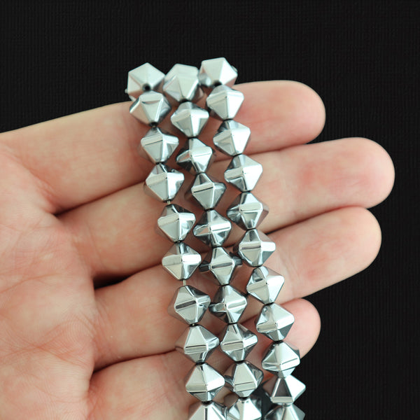 Faceted Bicone Synthetic Hematite Beads 10mm x 8mm - Electroplated Platinum Silver - 1 Strand 49 Beads - BD201