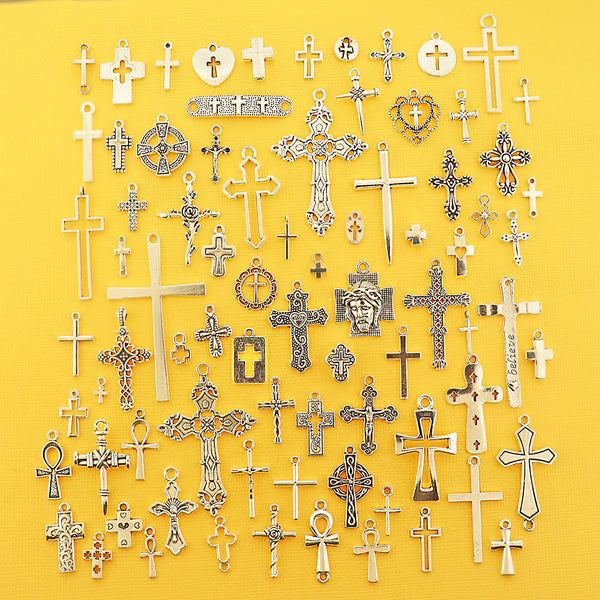 Deluxe Cross Charm Collection Antique Silver Tone 80 Different Charms - COL404H