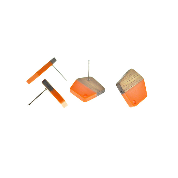 Wood Stainless Steel Earrings - Orange Resin Polygon Studs - 20.5mm x 18.5mm - 2 Pieces 1 Pair - ER714