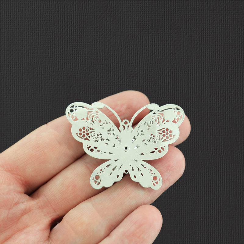 Filigree Butterfly Silver Tone Brass Charm 3D With Inset Rhinestone - BR149