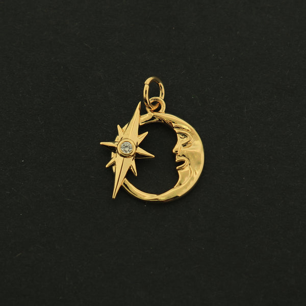 18k Gold Moon Charm - Crescent Moon and North Star - 18k Gold Plated - GLD197