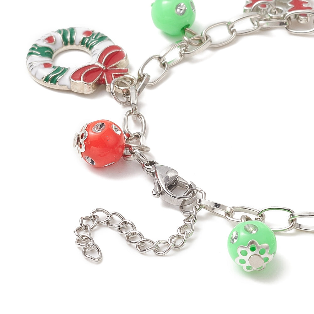 Metal Alloy Christmas Bracelet with Enamel Charms - 7" - N157