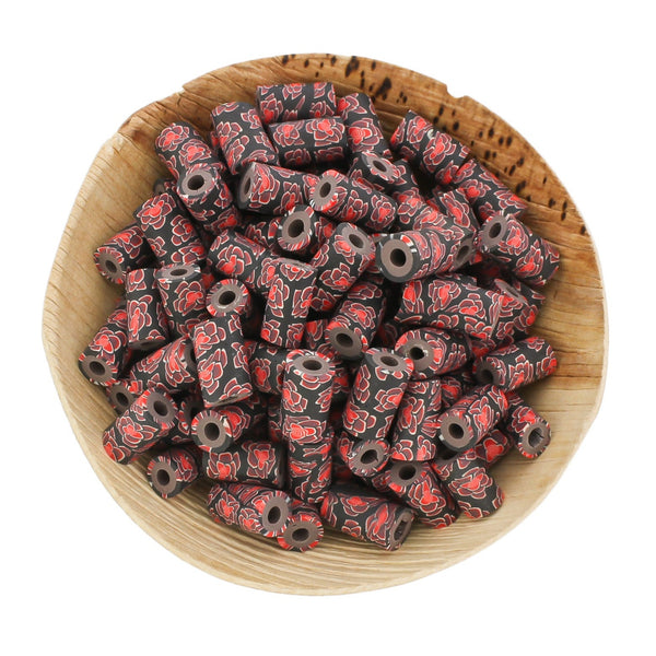 Column Polymer Clay Beads 12mm x 7mm - Red Rose Flower - 20 Beads - BD2206