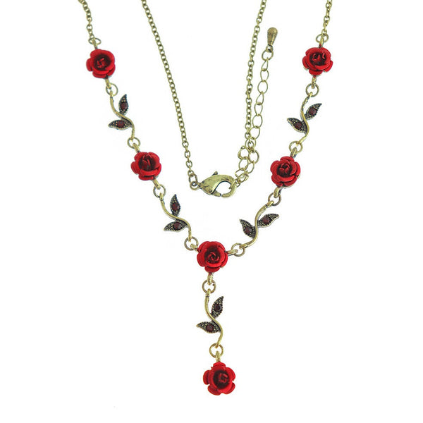 Gold Tone Cable Chain Necklace 16" With Enamel Flowers and Inset Rhinestones - 1.8mm - 1 Necklace - N554