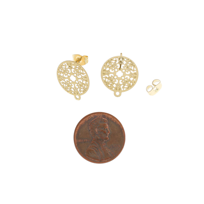 Gold Plated Stainless Steel Earrings - Filigree Studs With Loop - 16mm x 14mm - 2 Pieces 1 Pair - ER238