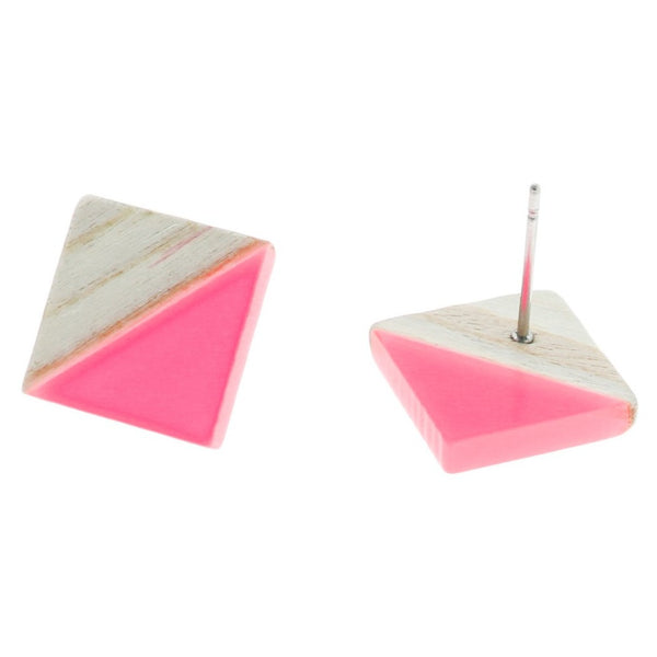 Wood Stainless Steel Earrings - Pink Resin Rhombus Studs - 18mm x 17mm - 2 Pieces 1 Pair - ER151