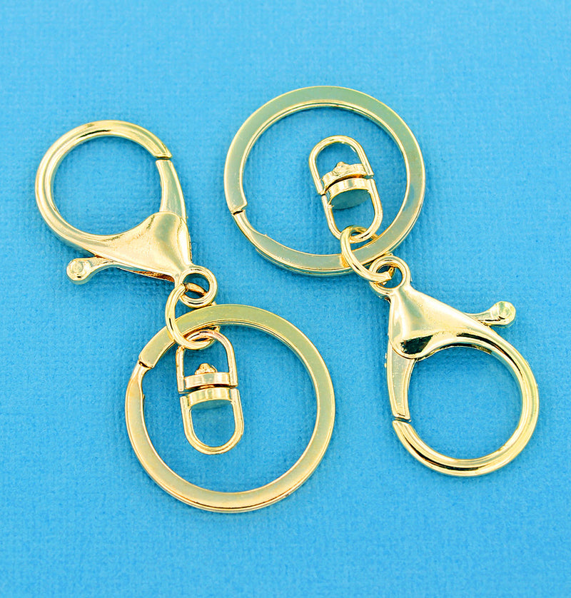 Gold Tone Key Rings With Swivel and Lobster Clasp - 68mm x 30mm - 4 Pieces - FD007