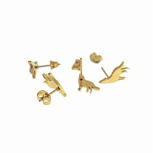 Gold Tone Stainless Steel Earrings - Wolf Studs - 11mm x 10mm - 2 Pieces 1 Pair - ER819