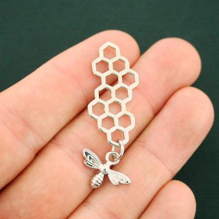4 Honeycomb Bee Silver Tone Charms 2 Sided - SC6237
