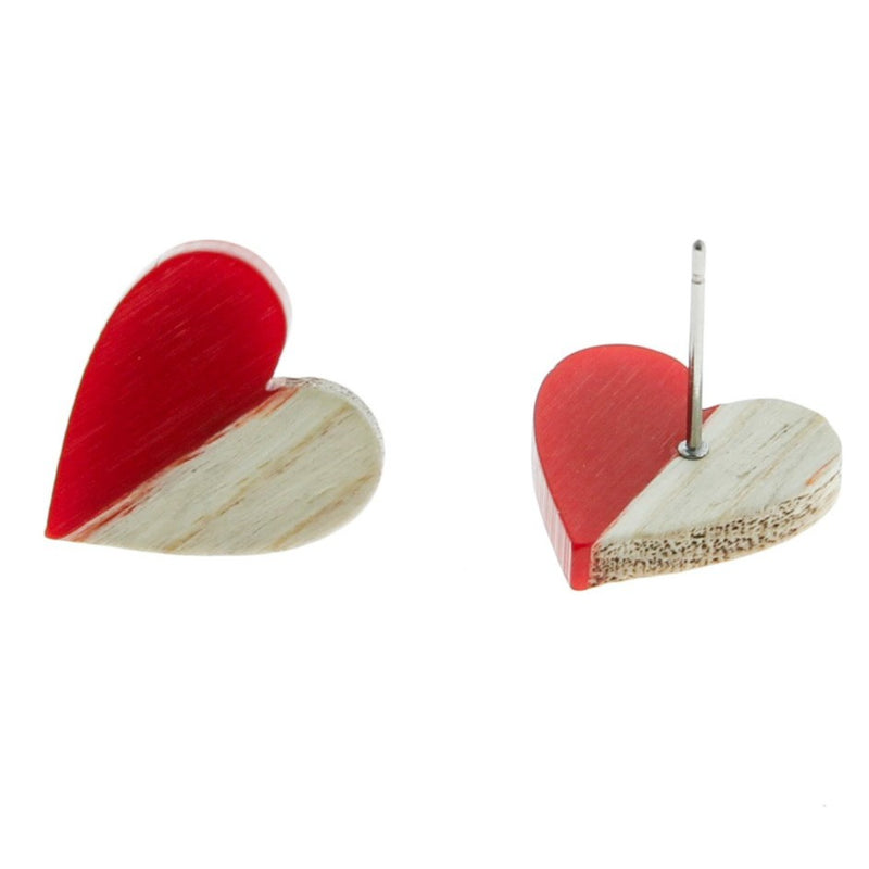 Wood Stainless Steel Earrings - Red Resin Heart Studs - 15mm x 14mm - 2 Pieces 1 Pair - ER133