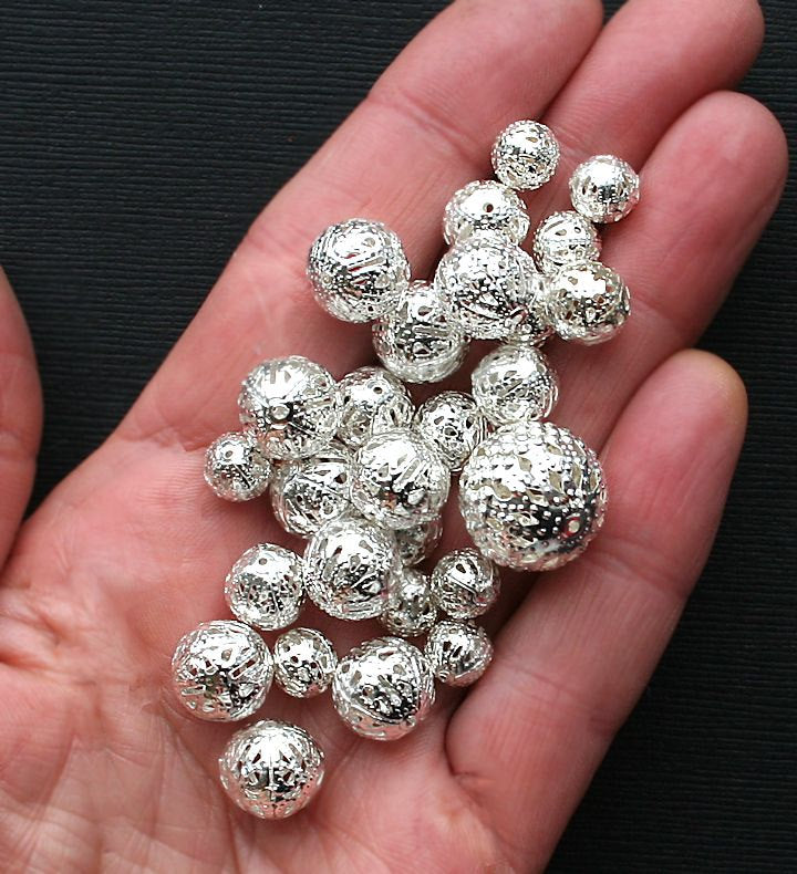 Round Spacer Beads Assorted Sizes - Silver Tone - 50 Beads - FD113