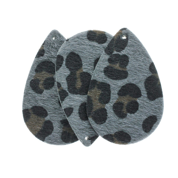 Imitation Leather Teardrop Pendants - Grey Leopard Print Fur - 4 Pieces - LP151