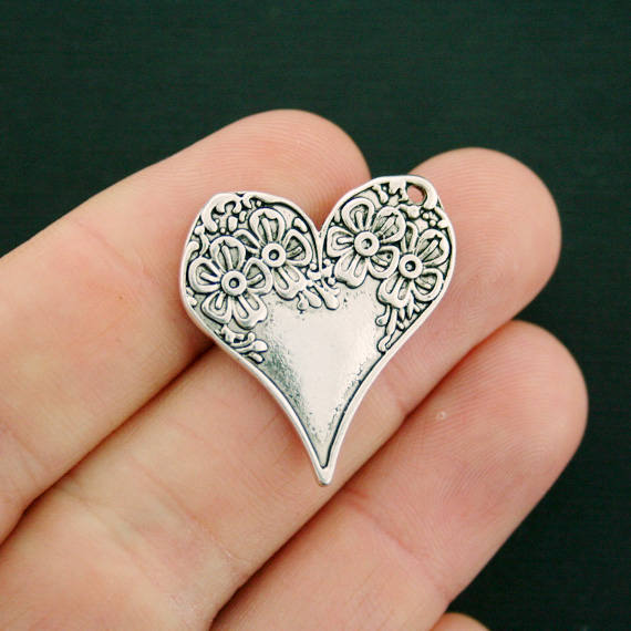 5 Floral Heart Antique Silver Tone Charms 2 Sided - SC6217