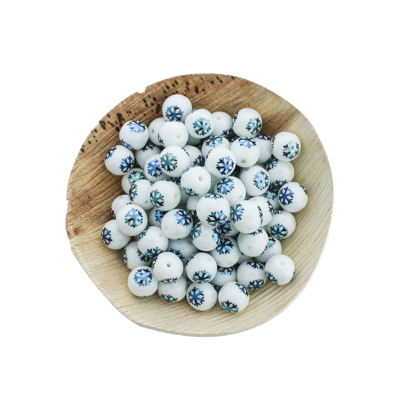 Perles de verre rondes 10mm - Motif flocon de neige galvanisé - 20 perles - BD109