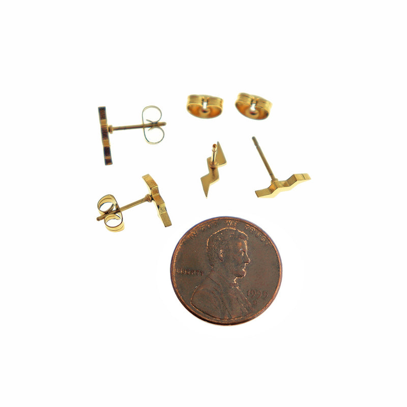 Gold Tone Stainless Steel Earrings - Lightning Bolt Studs - 10mm - 2 Pieces 1 Pair - ER881