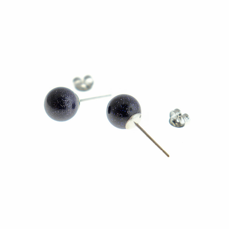 Boucles d'oreilles en laiton argenté - Imitation Blue Goldstone Gemstone Ball Studs - 8mm - 2 pièces 1 paire - ER570